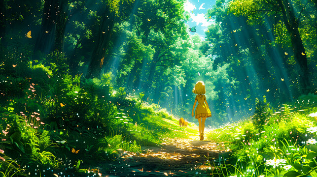 protagonist is walking down a path through a forest of trees