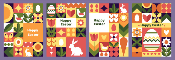 Easter greeting cards. Spring holiday. Rabbit and egg geometric icons. Bunny with carrot. Springtime flowers. Animals and plants. Square collage. Mosaic patterns. Vector happy posters set