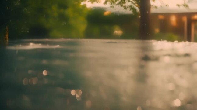 rainy atmosphere, water drops from trees, house roof background