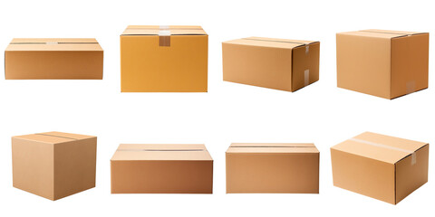 Set pf boxes parcels or cardboard from various side for packaging isolated on transparent png background, open and close carton.