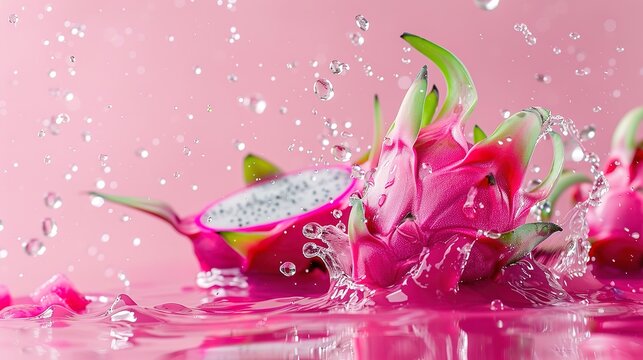 Creative layout made from Fresh Dragonfruit or Pitaya and water Splashing isolated on a pink background ,Generative ai,