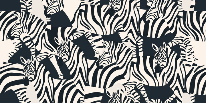 Fototapeta Hand drawn artistic pattern with zebras. Abstract collage contemporary seamless pattern. Fashionable unique template for design.