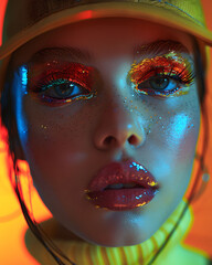 Vivid Makeup Art in Neon Lights: Portrait of a Young Woman