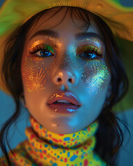 Glittering Glamour: Portrait of a Woman with Sparkling Makeup and Neon Lights