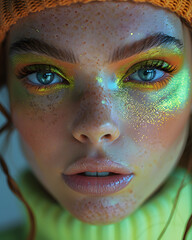 Glowing Beauty: Artistic Portrait of a Stylish Female Model with Golden Makeup and Vibrant Neon Glitter