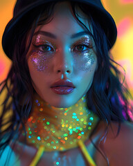 Glittering Glamour: Portrait of a Woman with Sparkling Makeup and Neon Lights