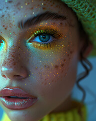 Glittering Glamour: Portrait of a Woman with Sparkling Makeup and Neon Lights