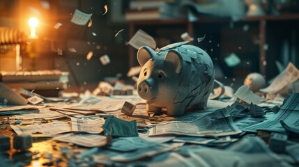An abstract image representing bankruptcy,  with scattered financial documents and a shattered piggy bank. Model aged 30-50,  male,  portraying financial distress.