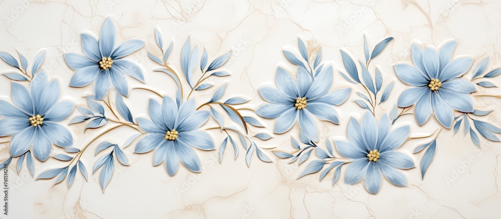 Canvas Prints A row of electric blue flowers with yellow centers are blooming on a white background. These herbaceous plants make a beautiful groundcover and can be used as cut flowers for events