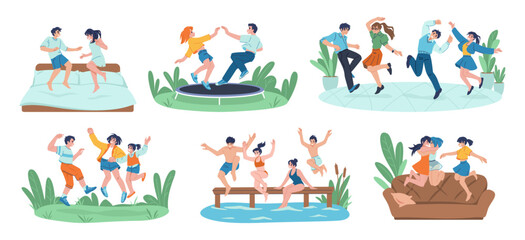 Active family. Happy parents with children. Funny dad and mom jumping on bed. Bounce on trampoline. Mother falling into water. Joyful lesbian woman on sofa. Laughing people vector set