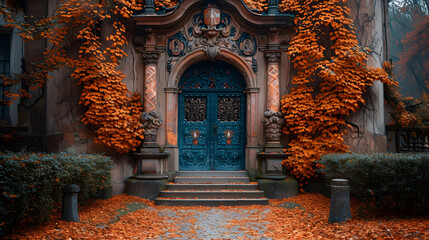 Autumn foliage with vintage window of Prague city in Czech Republic in Europe. - obrazy, fototapety, plakaty
