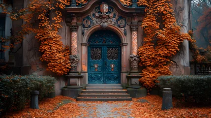 Tuinposter Autumn foliage with vintage window of Prague city in Czech Republic in Europe. © declan