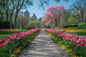 Lush Pathway With Pink and Yellow Tulips