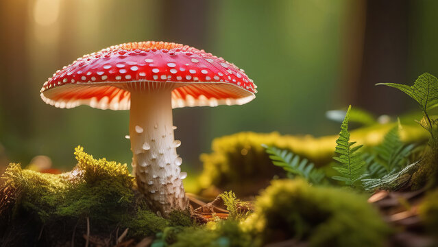 Fly agaric in the forest. Close-up.