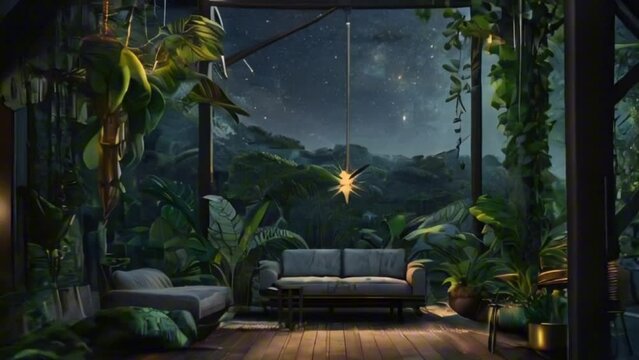 Tarzan's modern house interior with starry sky view.