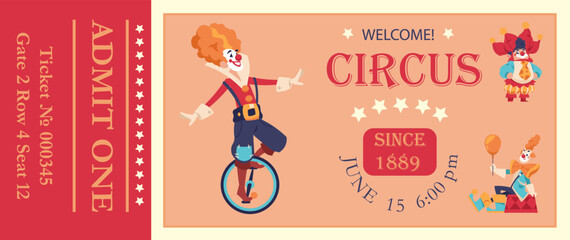 circus ticket template. Clowns and cartoon jokers and jesters comedians with funny faces. Artists performance invitation. Cute jugglers entertaining party flyer. Vector illustration