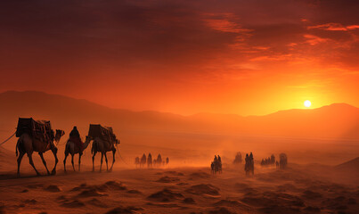 Fototapeta na wymiar A caravan sets out across the vast desert, the sky ablaze with hues of orange and pink as camels tread through the golden sands