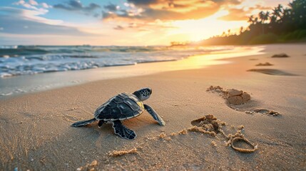 A little sea turtle walks on the sandy beach in the morning. - obrazy, fototapety, plakaty