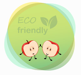 Apple character. Organic fruit. Circle label. Cartoon food mascot with happy face. Fresh product. Eco friendly. Natural nutrition. Healthy vegetarian ingredient. Vector sticker design