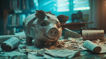 An abstract image representing bankruptcy,  with scattered financial documents and a shattered piggy bank. Model aged 30-50,  male,  portraying financial distress. - obrazy, fototapety, plakaty