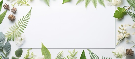 A white rectangle with a white paper surrounded by green leaves, flowers, twigs, and grass on a white background, representing terrestrial plants - obrazy, fototapety, plakaty
