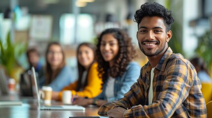 A diverse group of professionals gathered around a table, engaged in a brainstorming session, sharing ideas, collaborating on projects, and working together towards a common goal, showcasing teamwork