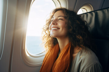 AI generated image of charming relaxed woman enjoying flight comfortable airplane - obrazy, fototapety, plakaty