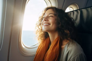 Foto op Plexiglas AI generated image of charming relaxed woman enjoying flight comfortable airplane © deagreez