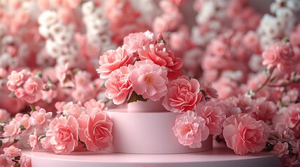  a minimalist podium with a background of pink and white roses, set on a spring table for a product display, emphasizing natural beauty