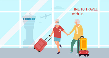 Senior couple in airport. Active elderly family travel. Departure terminal. Cartoon people holding hands and carrying baggage. Passengers with suitcases and handbags. Vector airline banner