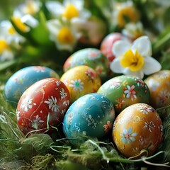 Fototapeta na wymiar Easter Morning: Sunlit Tulips and Painted Eggs