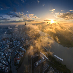 
The top of the Landmark 81 building, the tallest in Vietnam, floats in the clouds. Photo taken in October 2023