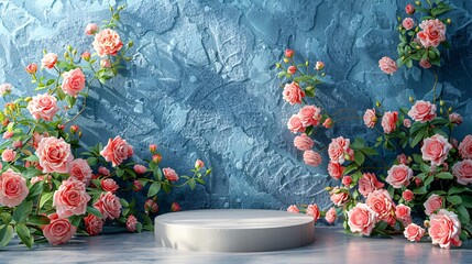 Fototapeta na wymiar a minimalist podium with a background of pink and white roses, set on a spring table for a product display, emphasizing natural beauty