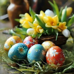 Fototapeta premium Easter Morning: Sunlit Tulips and Painted Eggs 