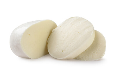 Mozzarella and two pieces close-up on a white. Isolated