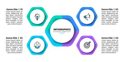 Infographic template. 4 hexagons with a title in the middle