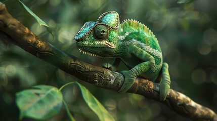 Naklejka na ściany i meble close up green chameleon on a tree brench 