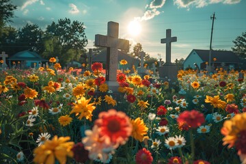 Field of Flowers With Cross in Background