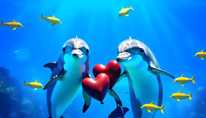 Two dolphins carrying heart-shaped objects underwater with a romantic backdrop