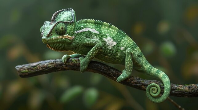 close up green chameleon on a tree brench 