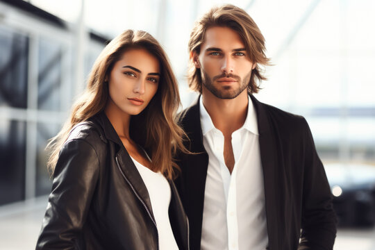 A man and a woman are posing together for a photo, both wearing stylish outerwear. The man has a beard and is in a blazer, 