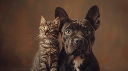 Cute kitten and dog together in studio on brown background,