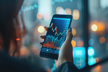 Stock trading investor, trader or broker using crypto exchange platform app on smartphone analysing exchange market chart investing money in financial market on mobile screen with cell phone in hands.
