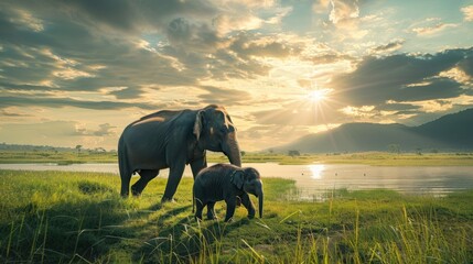 Mother elephant with her calf walking through - obrazy, fototapety, plakaty