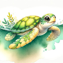 Fototapeta premium An illustration of a Soft-shell cute turtle gliding through the water, rendered in watercolor style.
