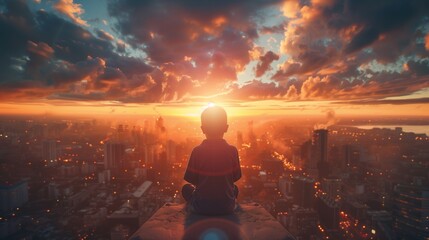 Kid sit meditation in the sunset on rooftop, in front of is city landscape view - obrazy, fototapety, plakaty