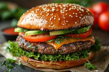 Classic Homemade Veggie Burger with Fresh Toppings and Sesame Bun