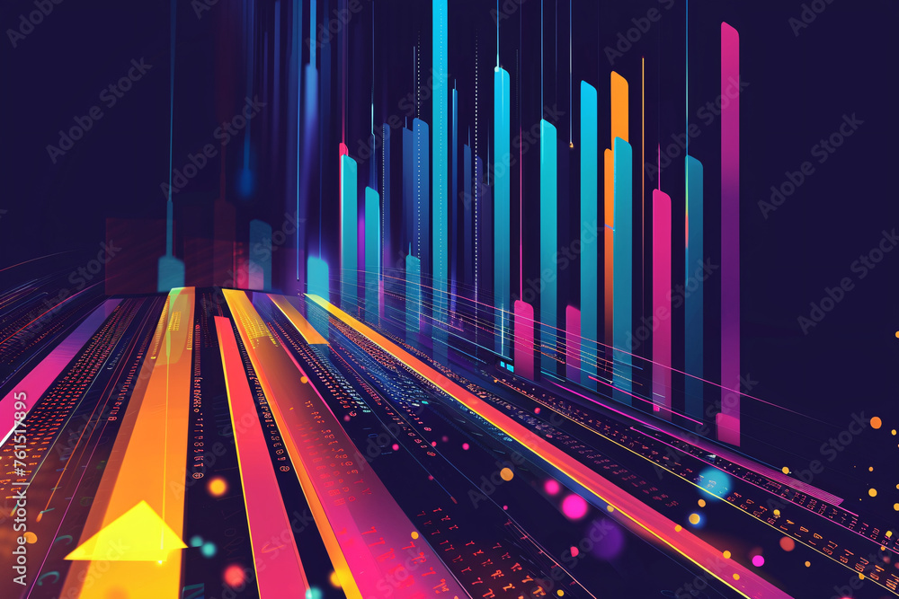 Poster abstract colorful neon bar graphs on dark background with dynamic lines