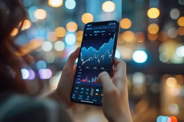 Foto op Plexiglas Stock trading investor, trader or broker using crypto exchange platform app on smartphone analysing exchange market chart investing money in financial market on mobile screen with cell phone in hands. © Synthetica