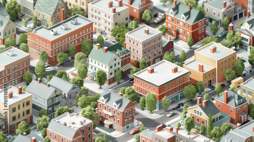 Poster aerial view of a city with a multitude of buildings. suitable for urban planning concepts